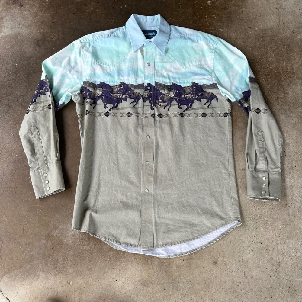 Wrangler Western Shirt Mens M Green Wild Horse Graphic Pearl Snap Casual